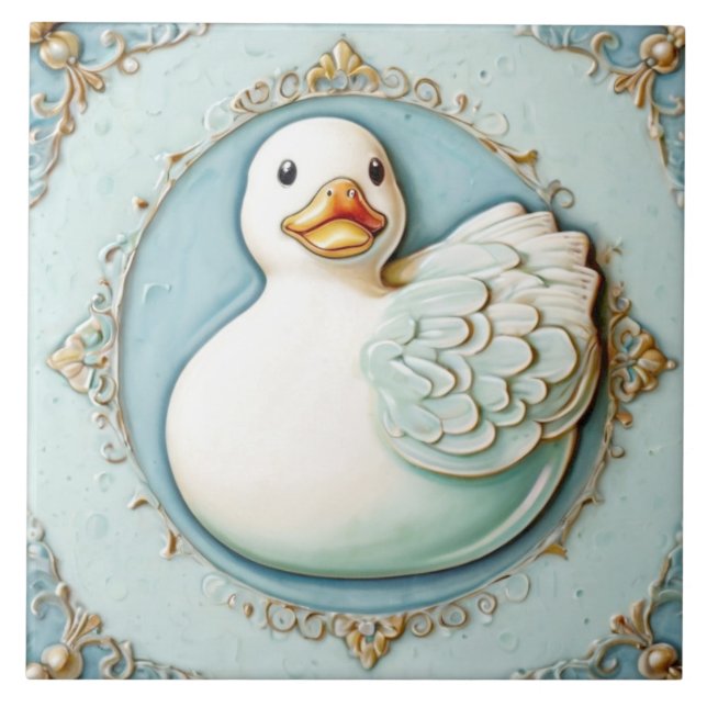 Mint Blue White Cute Rubber Ducky Duck Bathroom Ceramic Tile (Front)
