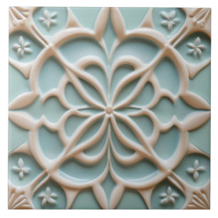 Mint Blue & White Flower Faux Relief Boho Floral Ceramic Tile