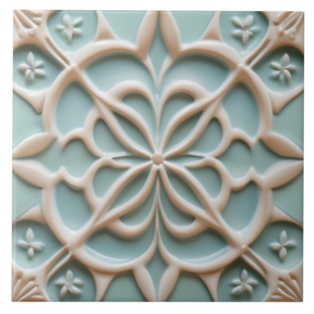 Mint Blue & White Flower Faux Relief Boho Floral Ceramic Tile (Front)