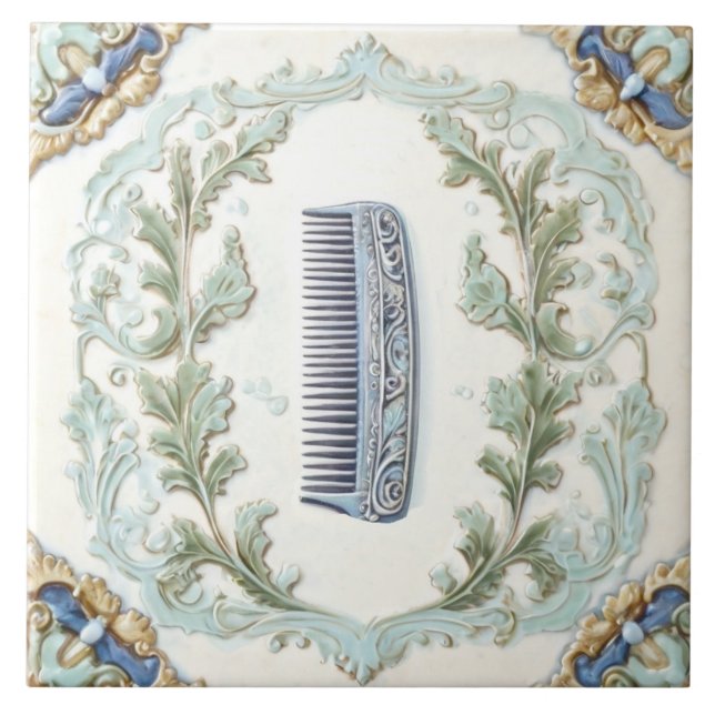 Mint Blue & White Hair Comb Funny Salon Bathroom Ceramic Tile (Front)