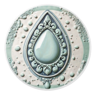 Mint Blue & White Water Drop Teardrop Bathroom Ceramic Knob