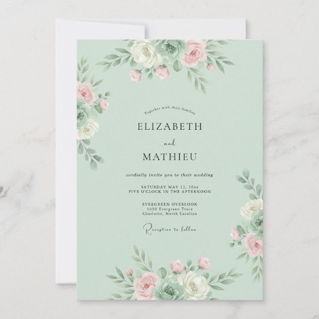 Mint Blush Botanical Flourish Wedding Invitation (Front)