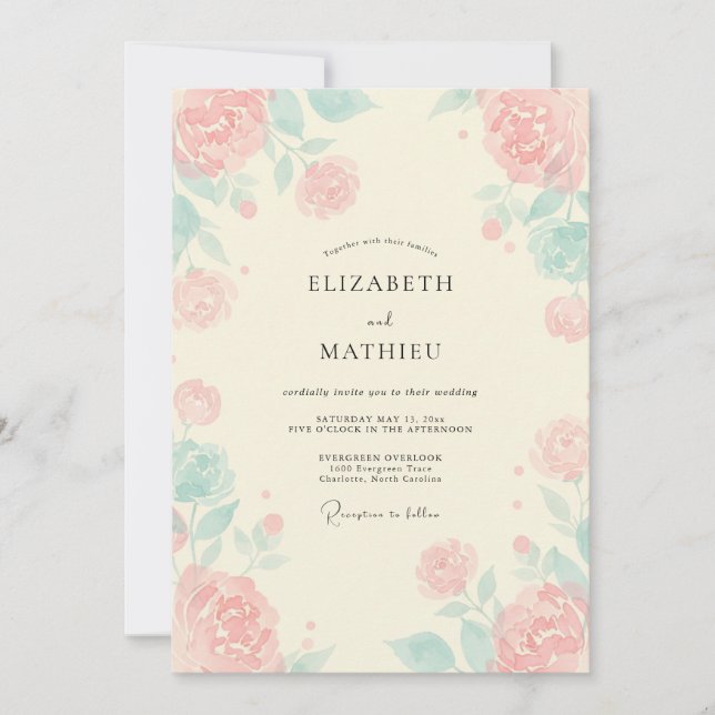 Mint Blush Coral Peony Wedding Invitation (Front)