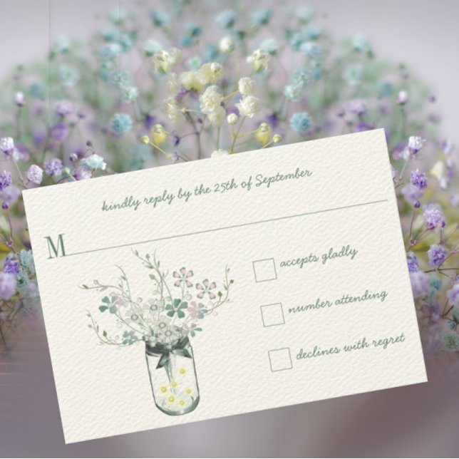 Mint Blush Mint Mason Jar Wildflower Wedding RSVP Card (Creator Uploaded)