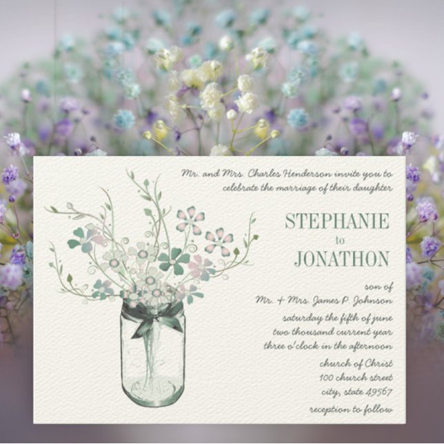 Mint Blush Pink Mason Jar Wild Flower Wedding Invitation (Creator Uploaded)