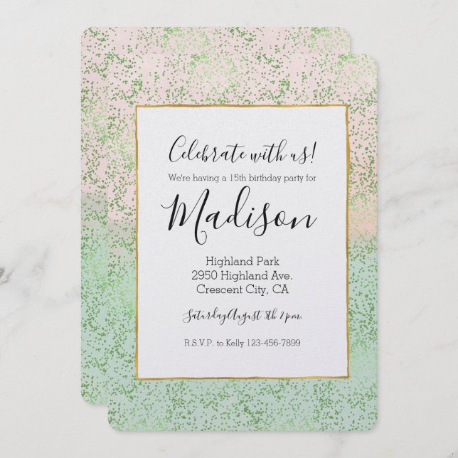 Mint Blush Pink Watercolor Confetti Dots Invitation (Front/Back)