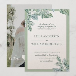 Mint Botanical Elegant Wedding Photo Invitation