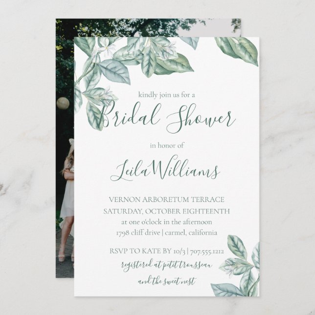 Mint Botanical Photo Wedding Bridal Shower Invitation (Front/Back)