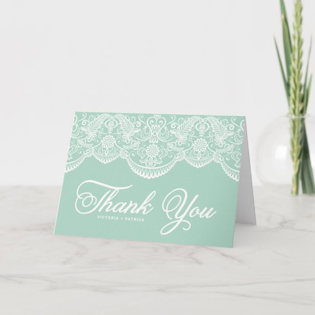 Mint Brocade Lace Wedding Thank You Card (Front)