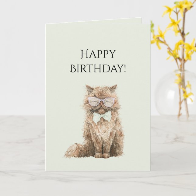 Mint Brown Cool Cat Glasses Birthday Card (Yellow Flower)