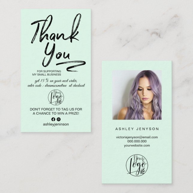 Mint brushed script photo logo order thank you business card (Front/Back)
