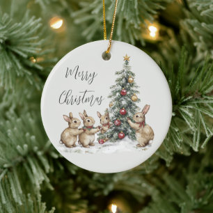 Mint Bunnies Christmas Tree Ceramic Ornament