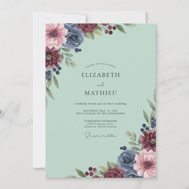 Mint Burgundy Dahlia Wedding Invitation (Front)