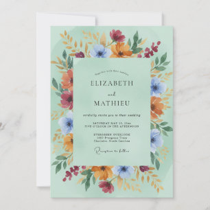 Mint Burgundy Wildflower Wedding Invitation
