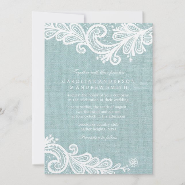 Mint Burlap and Lace Wedding Invitation (Front)