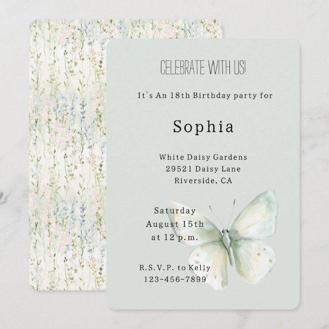 Mint Butterfly Birthday Invitation (Front/Back)