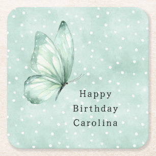 Mint Butterfly White Dots Birthday Square Paper Coaster
