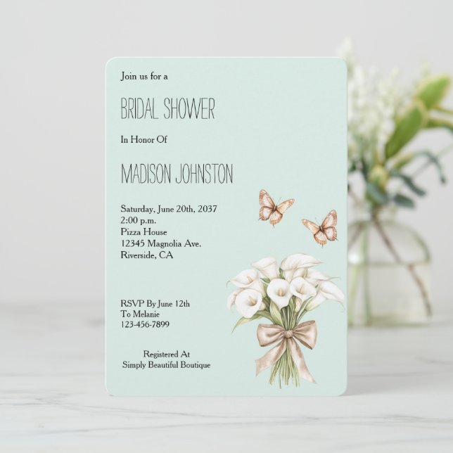 Mint Calla Lilly Floral Butterflies Bridal Shower Invitation (Standing Front)