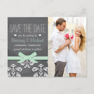 Mint Chalkboard Lace Bow Save the Date Postcard