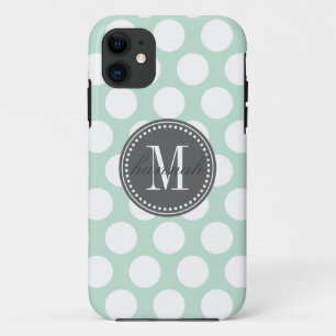 Mint & Charcoal Big Polka Dots Monogrammed iPhone 11 Case