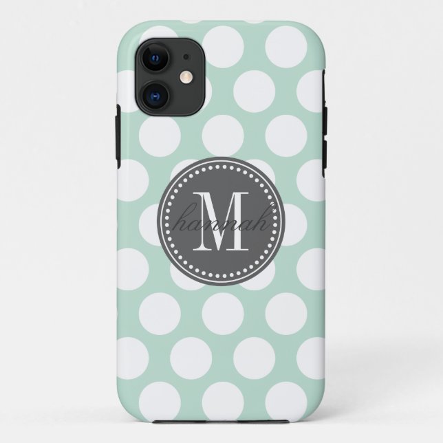 Mint & Charcoal | Big Polka Dots Monogrammed Case-Mate iPhone Case (Back)