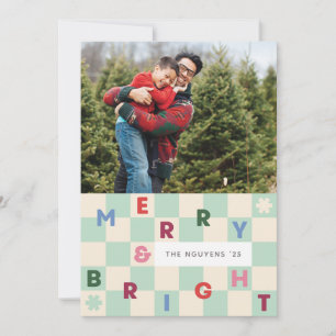Mint Checkerboard Merry & Bright Christmas Card