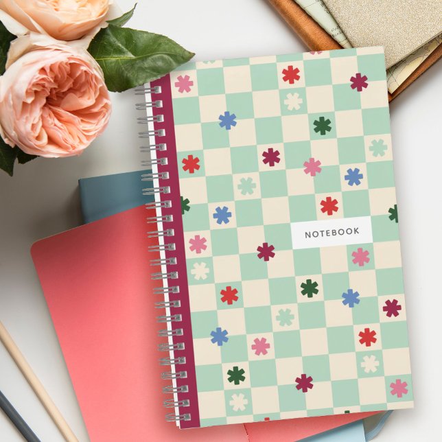 Mint Checkerboard Pattern Stars Flowers Notebook (Creator Uploaded)