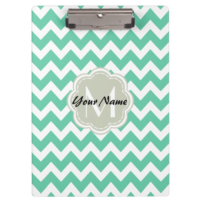 Mint Chevron Custom Monogram, Personalised Name Clipboard (Front)