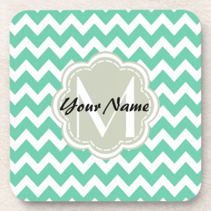 Mint Chevron Custom Monogram, Personalised Name Coaster