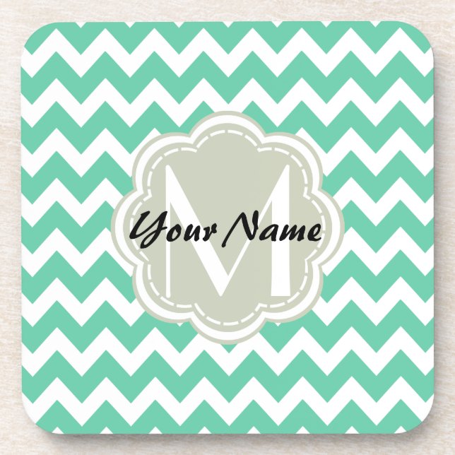 Mint Chevron Custom Monogram, Personalised Name Coaster (Front)