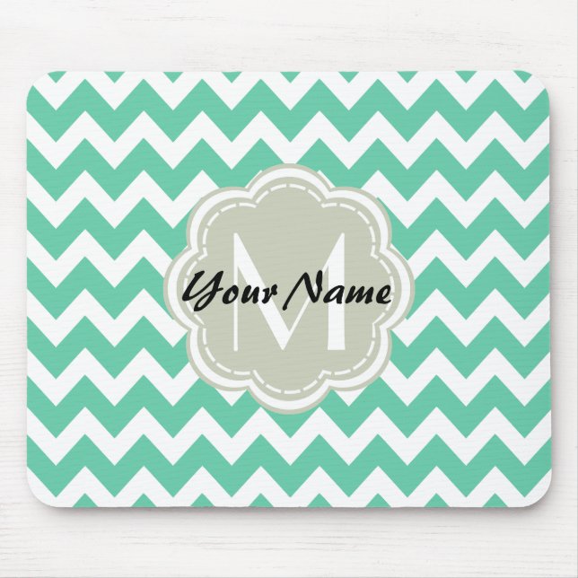 Mint Chevron Custom Monogram, Personalised Name Mouse Pad (Front)