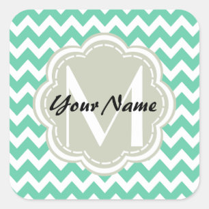 Mint Chevron Custom Monogram, Personalised Name Square Sticker
