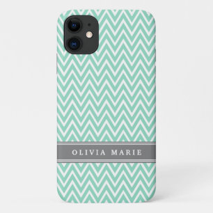Mint Chevron Grey Name Template iPhone 11 Case
