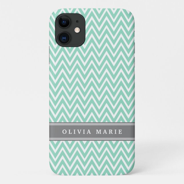 Mint Chevron Grey Name Template Case-Mate iPhone Case (Back)