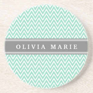 Mint Chevron Grey Name Template Coaster