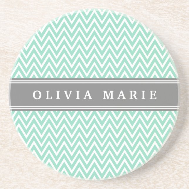 Mint Chevron Grey Name Template Coaster (Front)