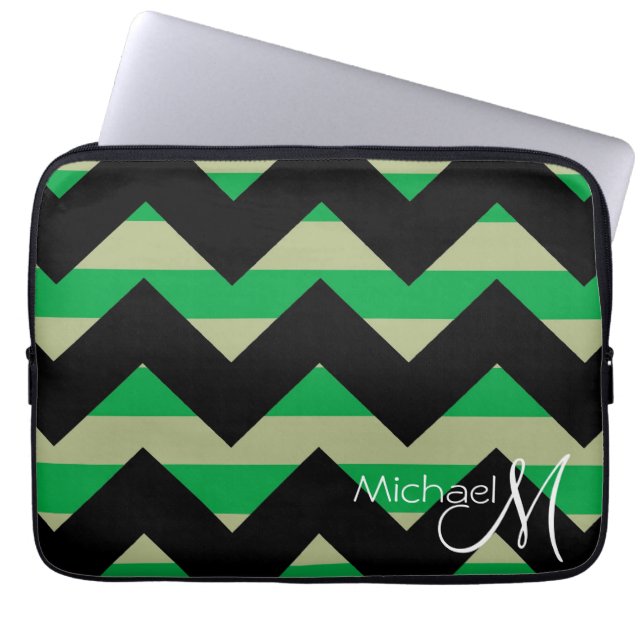 Mint Chevron Zigzag Pattern Custom Monogram Laptop Sleeve (Front)