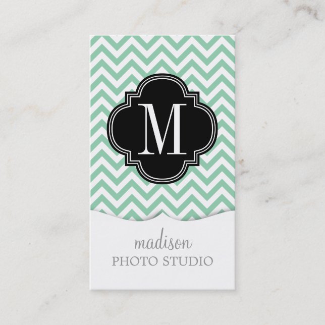 Mint Chevron Zigzag Personalised Monogram Business Card (Front)
