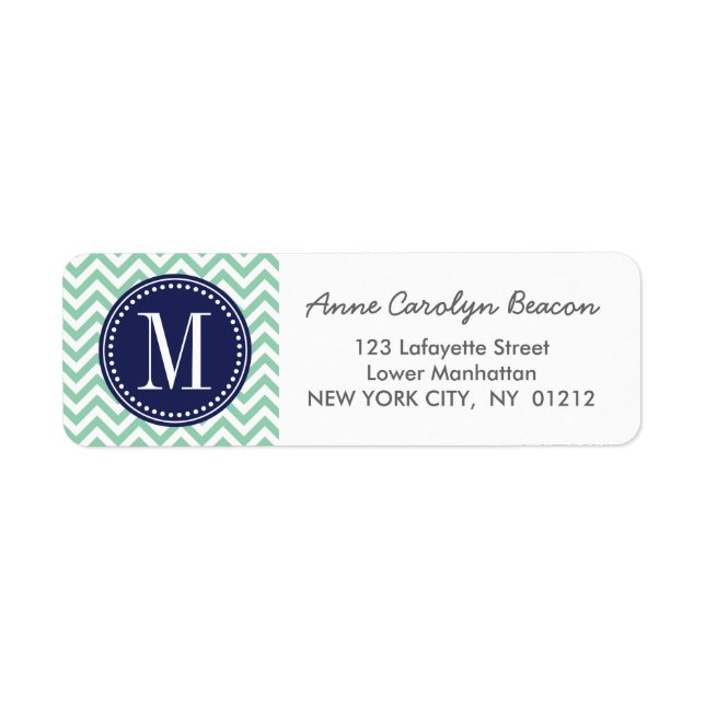 Mint Chevron Zigzag Personalised Monogram Return Address Label (Front)