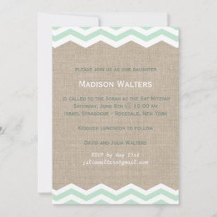 Mint Chevrons on Burlap Bat Mitzvah Invitation