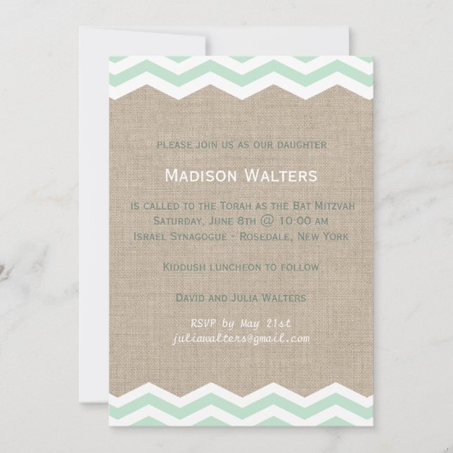 Mint Chevrons on Burlap Bat Mitzvah Invitation (Front)