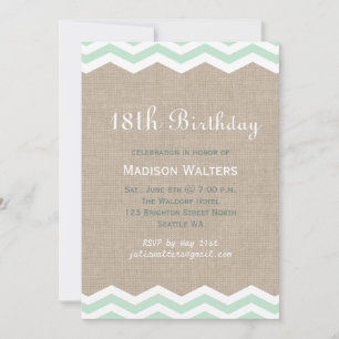 Mint Chevrons on Burlap Birthday Invitation