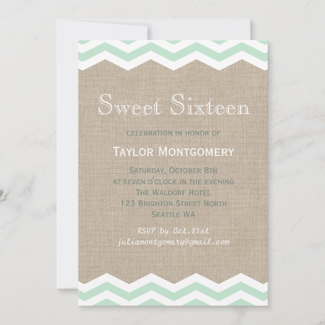 Mint Chevrons on Burlap Sweet Sixteen Invitation (Front)