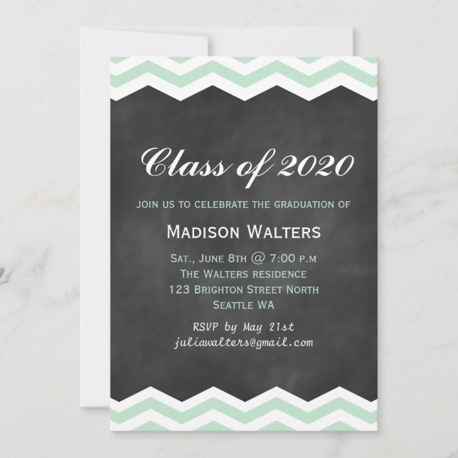 Mint Chevrons on Chalkboard Graduation Invitation (Front)