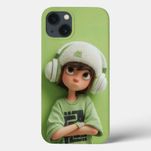 Mint Chill: Aesthetic Boy with Headphones iPhone 13 Case