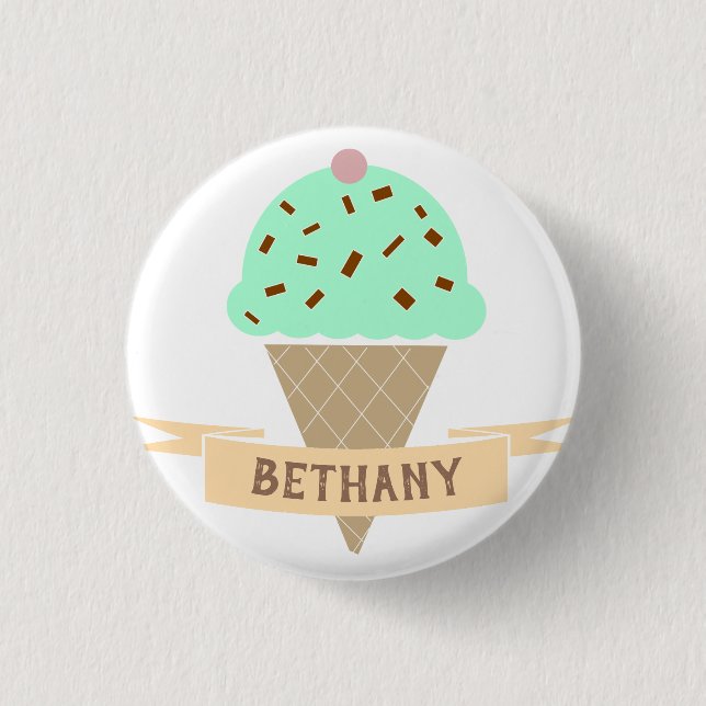 Mint Choc Chip Ice Cream Cone Personalised Kids'  3 Cm Round Badge (Front)