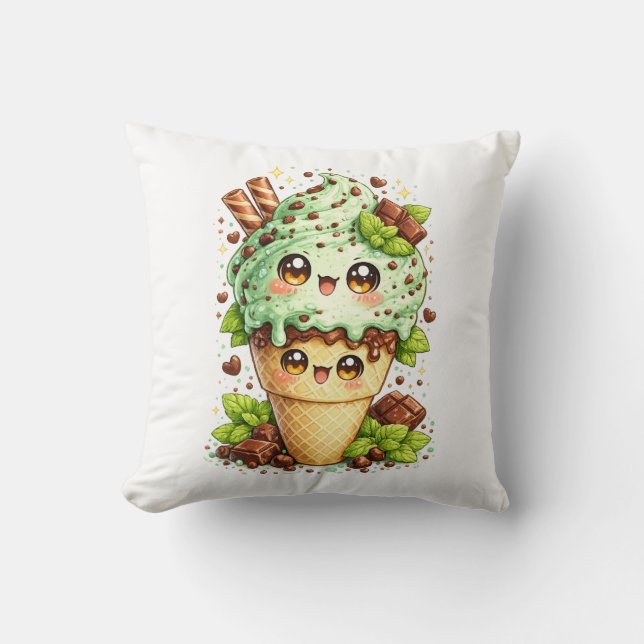 Mint Chocolate Chip Ice Cream Cone Kawai Cushion  (Front)