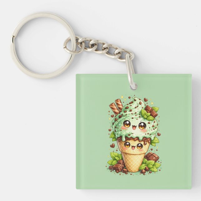 Mint Chocolate Chip Ice Cream Cone Kawaii Keyring (Front)