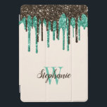 Mint Chocolate Ice Cream Glitter Drips Monogram iPad Pro Cover<br><div class="desc">This fun design features a top border of dripping faux glitter in ice cream colours: mint green and chocolate brown. Personalise it with her name in matching chocolate brown handwriting script and her initial in mint green serif font on an ivory background.</div>