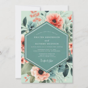 Mint Coral Artistic Bloom Wedding Invitation